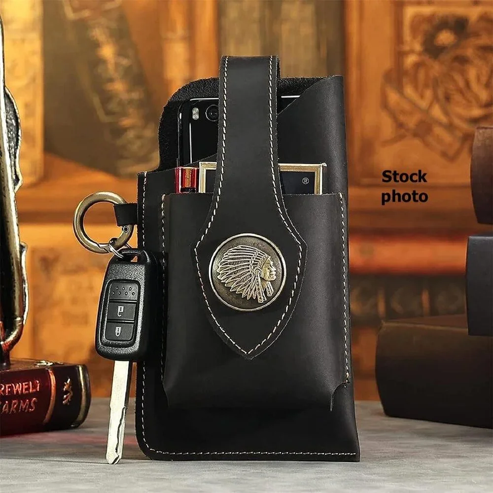 Brown Leather Cell Phone Holster Indian Head Snap Closure Belt Loop Pouch